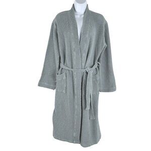 Coyuchi Waffle Robe Womens M/L Organic Cotton Gray Teal Blue Loungewear CJ-2230